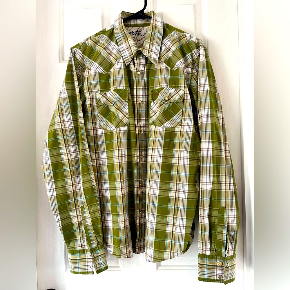 Hollister green plaid western button down long sleeve shirt sz L pocket cotton